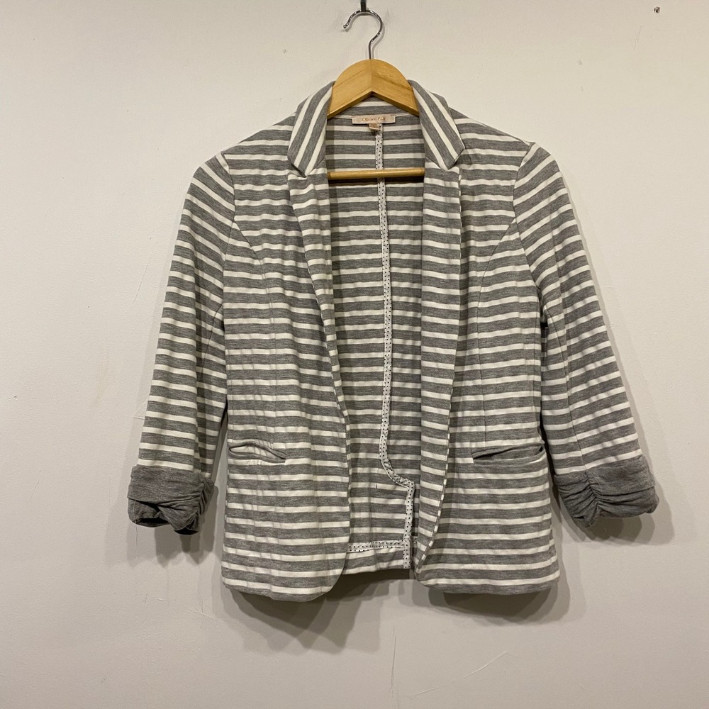Skies Are Blue Striped Knit Blazer Grey White Ruched 3/4 Sleeve Open Front Small